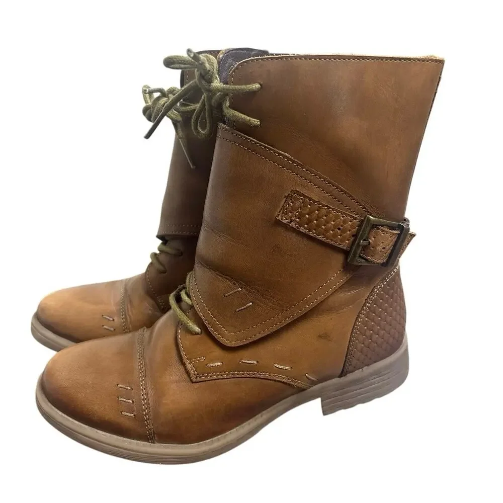 Roan Footwear Women’s Size 6.5 Brown Leather Ankle Boots Lace Up Zip Moto Boho